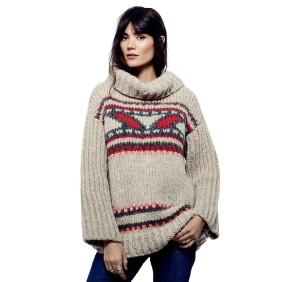 FREE PEOPLE XS Sweater Alpaca Soft Touch Caravelle Turtleneck Tunic Beige Red - Picture 1 of 15